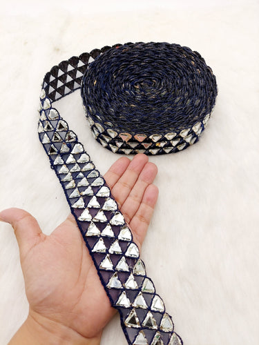 Navy Blue Lace Trim with Silver Gota (Indian Foil Work) and Real Mirror, Decorative Trim Costume Trim Fashion Trim By Yard